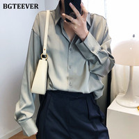 BBTEEVER 2020 New Chic kobiety Satin koszule z długim rękawem jednolity skrócony kołnierz elegancka biurowa, damska odzież robocza bluzki kobiet 3